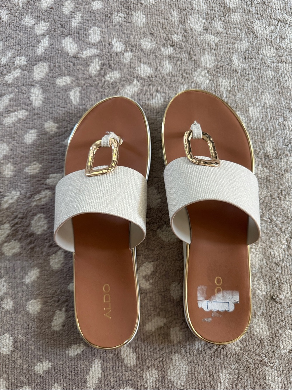 Aldo White-Canvas Slide Sandals with Gold Buckle